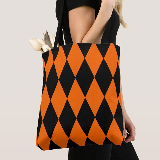Bolsa Tote Orange Black Harlequin Diamonds Checkers Design  (Criador carregado)