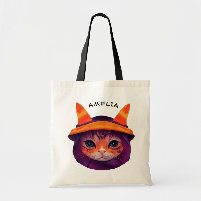 Bolsa Tote Orange Cat Purple Witch Hat Fantasy Halloween (Frente)