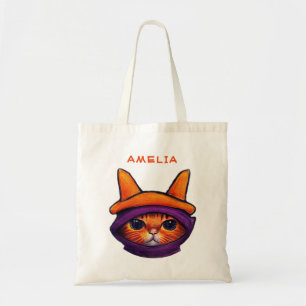 Bolsa Tote Orange Cat Purple Witch Hat Fantasy Halloween
