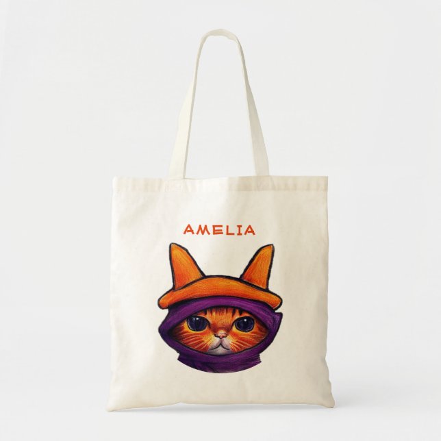 Bolsa Tote Orange Cat Purple Witch Hat Fantasy Halloween (Frente)