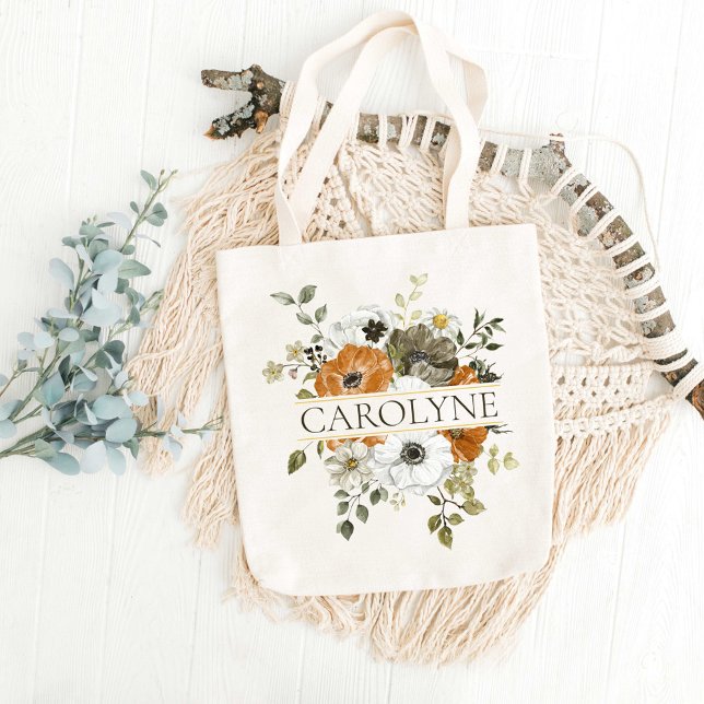 Bolsa Tote Orange, Green Floral Bridesmaid Monograma Name (Criador carregado)