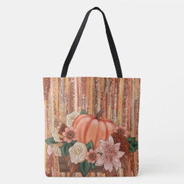 BOLSA TOTE ORANGE PUMPKINS E LARANJAS FLORES DOURADAS E VERDE
