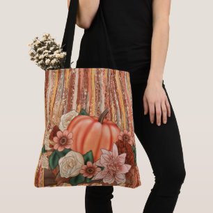 BOLSA TOTE ORANGE PUMPKINS E LARANJAS FLORES DOURADAS E VERDE