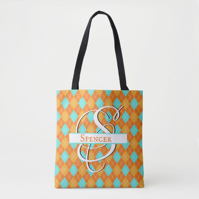 Bolsa Tote Orange & Turquoise Argyle - Personalize seu estilo (Frente)
