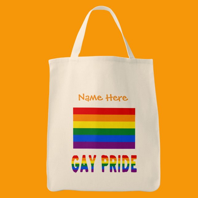 Bolsa Tote Orgulho gay Rainbow Flag Orange Personalizado (Tote bag has the Gay Pride Rainbow Flag with words GAY PRIDE below in flag colors. Add a name above.)