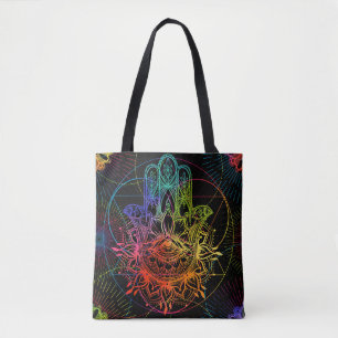 Bolsa Tote Ornamentado hamsa: padrão de neon desenhado à mão.