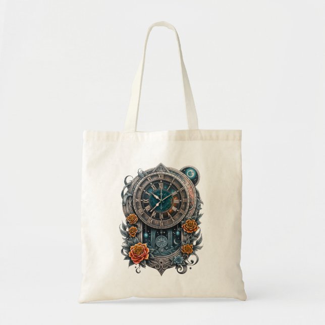 Bolsa Tote Ornamentado Steampunk Clock com Rosas. (Frente)