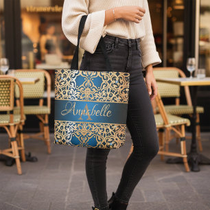 Bolsa Tote Ornamentado Vintage Brilhante, Dourada E Azul, Cla