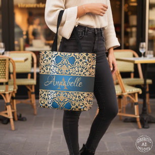 Bolsa Tote Ornamentado Vintage Brilhante, Dourada E Azul, Cla