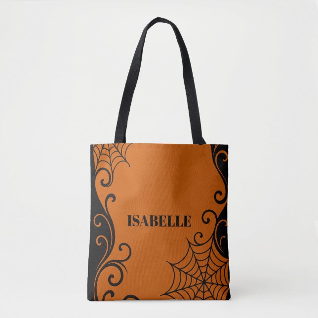 Bolsa Tote Ornamento de teia Laranja Negro halloween (Frente)