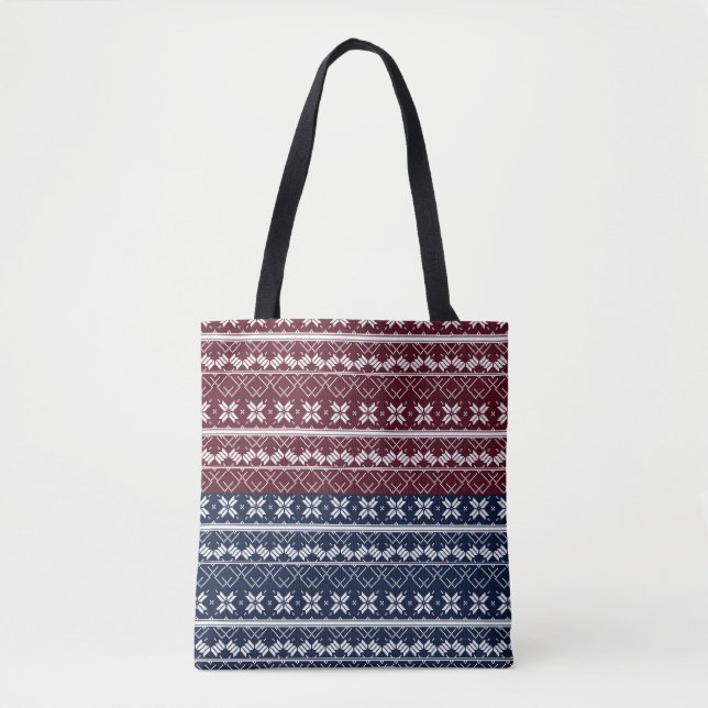 Bolsa Tote Ornamento escandinavo em azul, burgundy (Frente)