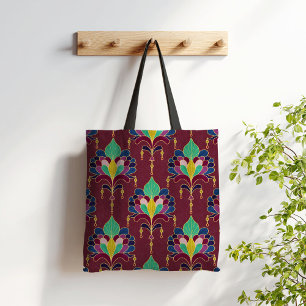 Bolsa Tote Ornamento Floral Art Déco em Burgundy e Dourado