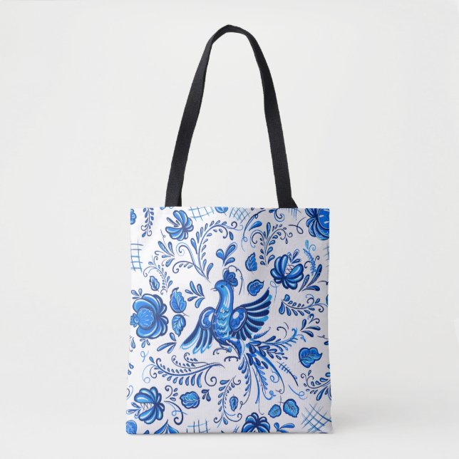 Bolsa Tote ornamento russo azul e branco  (Frente)