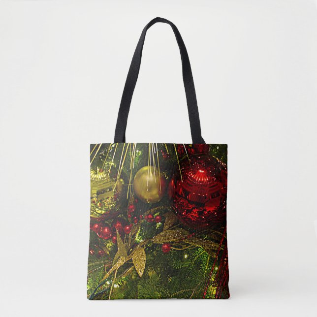 Bolsa Tote Ornamentos Dourados e vermelhos na árvore de Natal (Frente)