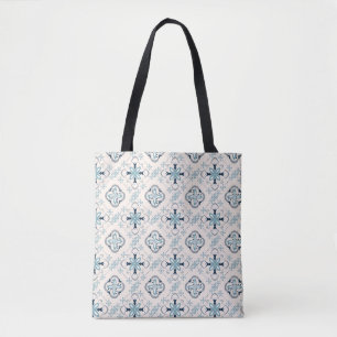 Bolsa Tote ornamentos marroquinos creme-azul na moda