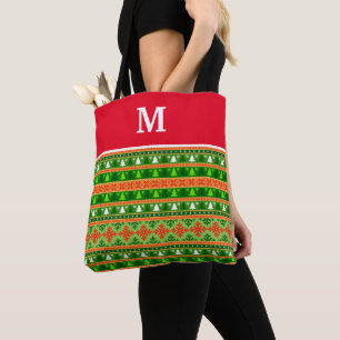 BOLSA TOTE ORNAMENTOS VERMELHOS BRANCOS DE NATAL PERSONALIZAD