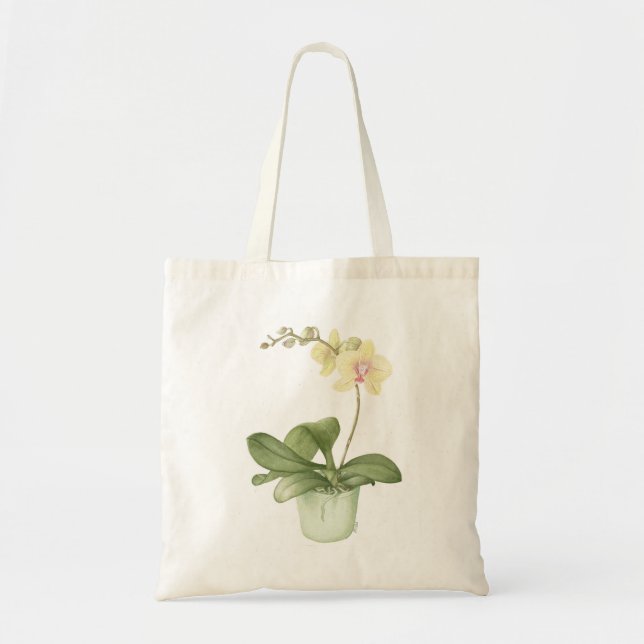 Bolsa Tote Orquídea em uma sacola verde da Aquarela do pote (Frente)