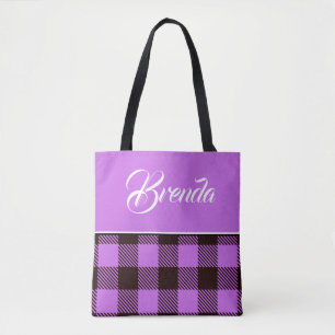Bolsa Tote Orquídea Preto Tartan Personalizado Nome Casamento