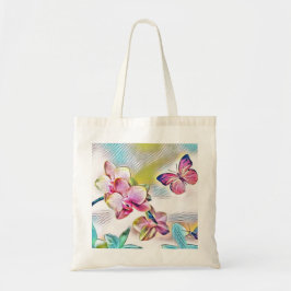 Bolsa Tote Orquídeas, flores e borboletas cor-de-rosa