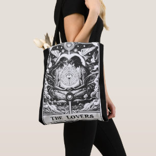 Bolsa Tote OS AMANTES Tarot Casal Celestial Preto e Branco