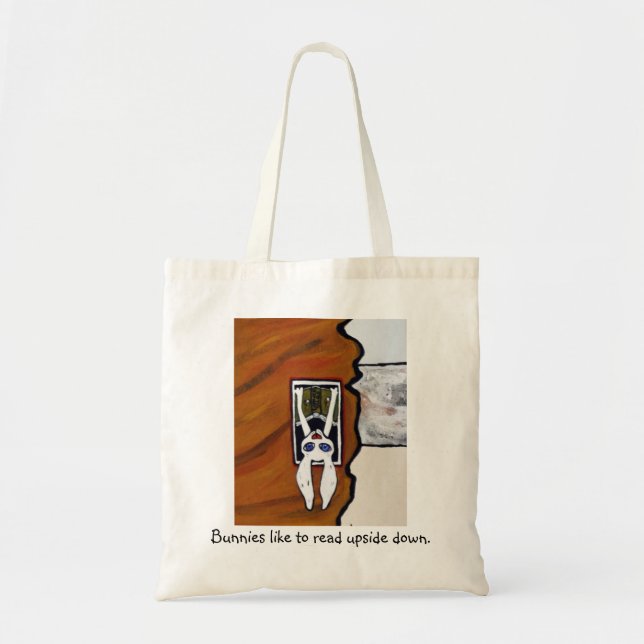 Bolsa Tote Os coelhos gostam de ler upside-down. (Frente)