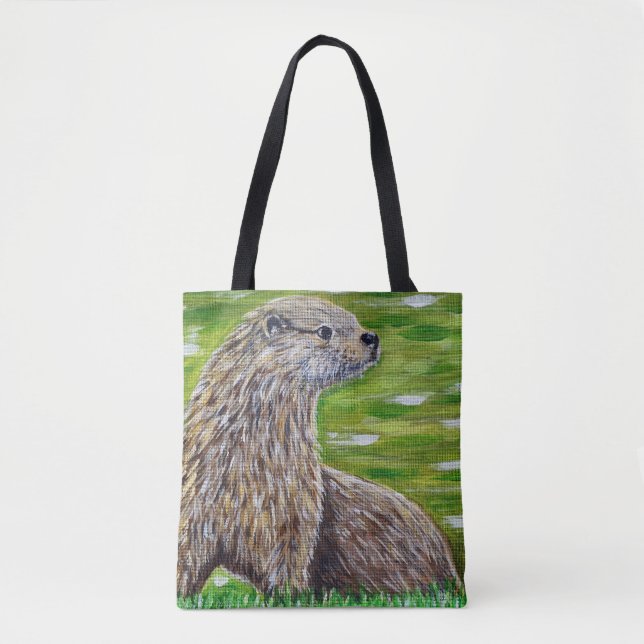 Bolsa Tote Otter sobre uma pintura na margem de um rio (Frente)