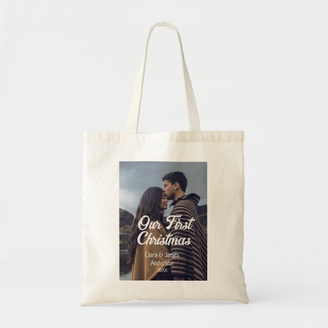 Bolsa Tote Our first Christmas couple photo name white gray (Frente)