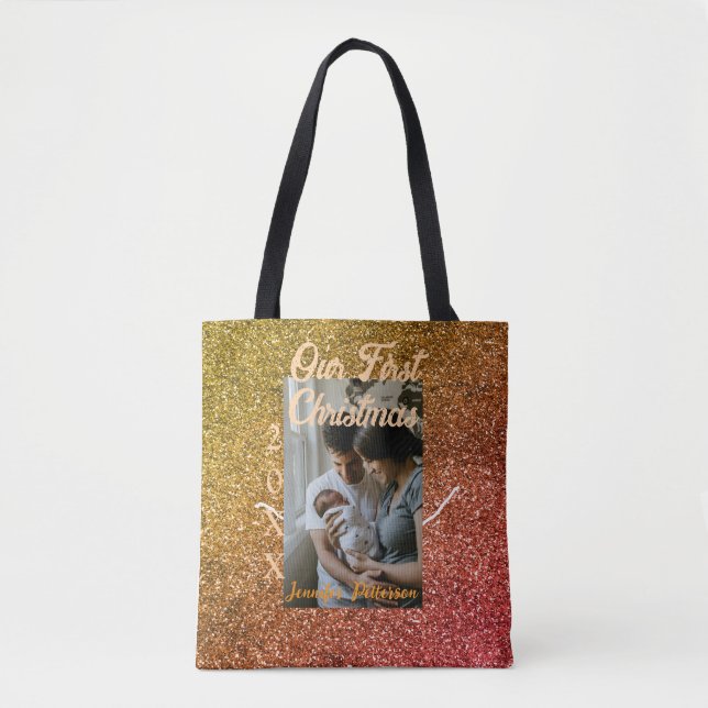 Bolsa Tote Our first Christmas orange red glitter photo year (Frente)