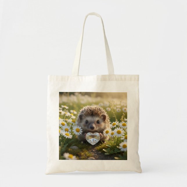 Bolsa Tote ouriço fofo de abril com coração de diamante (Frente)