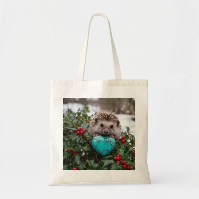 Bolsa Tote ouriço fofo de dezembro com coração turquesa (Frente)
