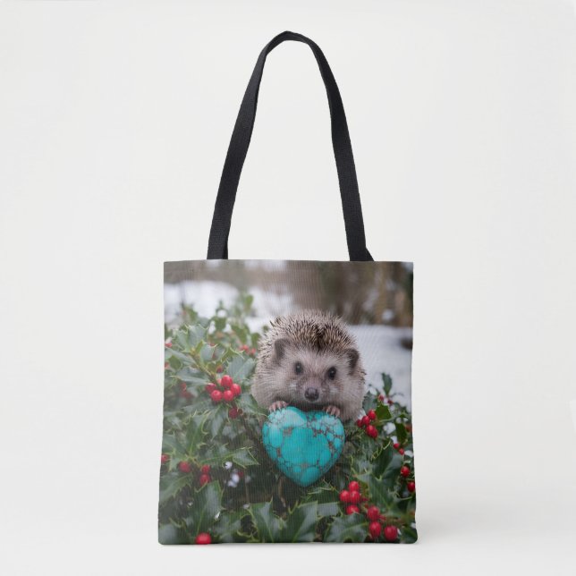 Bolsa Tote ouriço fofo de dezembro com coração turquesa (Frente)