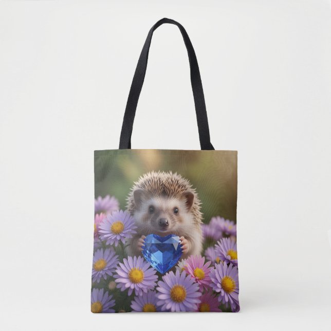 Bolsa Tote ouriço fofo de setembro com coração de safira (Frente)
