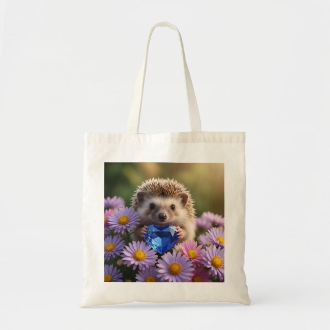 Bolsa Tote ouriço fofo de setembro com coração de safira (Frente)