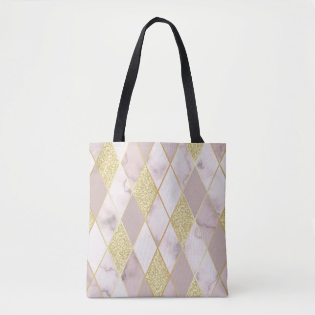 Bolsa Tote Ouro de mármore luxuoso geométrico (Frente)