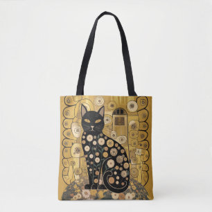 Bolsa Tote Ouro Decorativo Gustav Klimt Estilo preto de Gato