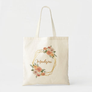 Bolsa Tote Ouro Geométrico Nome Floral Personalizado dos Rosa