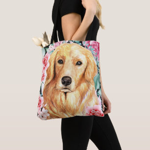 Bolsa Tote Ouro laboratório watercolor cão face rosa