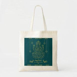 Bolsa Tote Ouro Line Art of Goddese Lakshmi on Lotus
