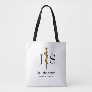 Bolsa Tote Ouro Médico em Haste Clássica de Asclepius Branca