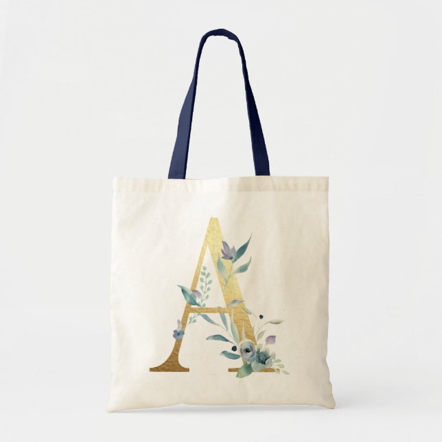 Bolsa Tote Ouro Monograma - Letra A Azul Aquarela Flores (Frente)