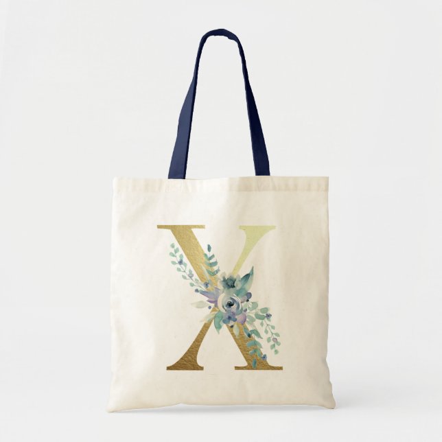 Bolsa Tote Ouro Monograma - Letra Azul Aquarela Flores (Frente)