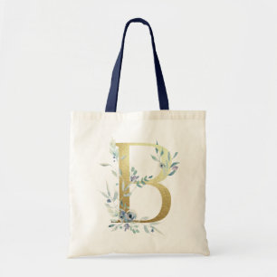 Bolsa Tote Ouro Monograma - Letra B Blue Watercolor Flowers