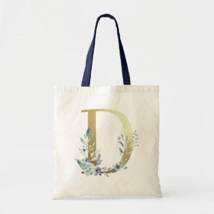 Bolsa Tote Ouro Monograma - Letra D Blue Watercolor Flowers