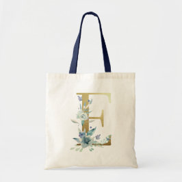 Bolsa Tote Ouro Monograma - Letra E Blue Watercolor Flowers