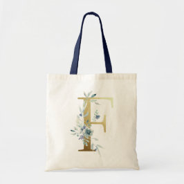 Bolsa Tote Ouro Monograma - Letra F Blue Watercolor Flowers