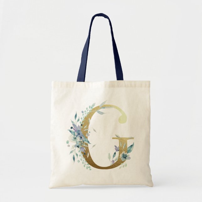 Bolsa Tote Ouro Monograma - Letra G Blue Watercolor Flowers (Frente)