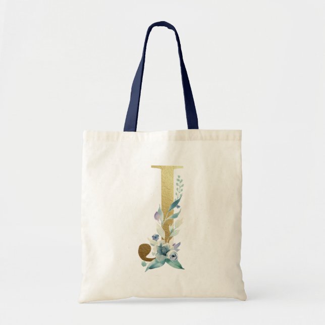 Bolsa Tote Ouro Monograma - Letra J Blue Watercolor Flowers (Frente)