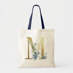 Bolsa Tote Ouro Monograma - Letra M Blue Watercolor Flowers