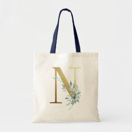 Bolsa Tote Ouro Monograma - Letra N Azul Nome Decoração Flora