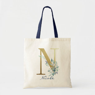 Bolsa Tote Ouro Monograma - Letra N Azul Nome Decoração Flora